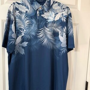 Caribbean Navy and White Leaf Print Polo Shirt